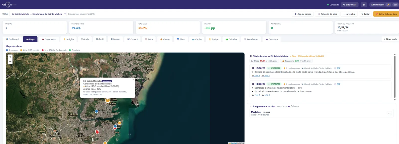 Plataforma GESTION com mapa das obras e relatório diário